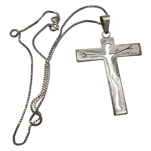 JDH 925 Mexico Sterling Silver Modernist 2.5" Crucifix Cross Pendant & 18" Chain - Picture 2 of 8